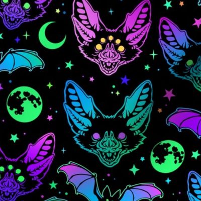Halloween Bats Moon Stars Cute Witch Bat with Three Eyes