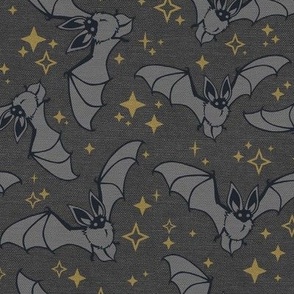 Halloween Bat Pattern Gray and Black Halloween Fabric with Gold Stars