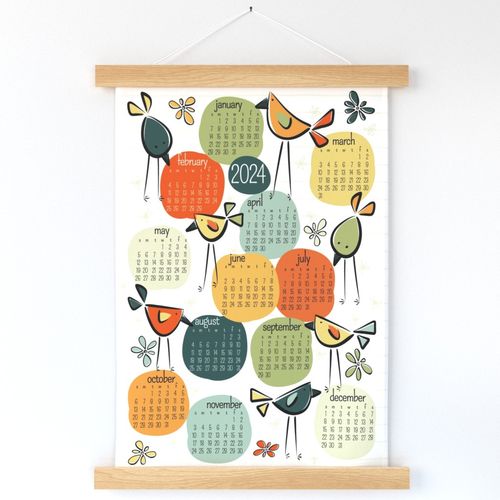 bird calendar 2023 - funny birds garden party - vintage colors - tea towel and wall hanging