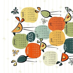 bird calendar 2024 - funny birds garden party - vintage colors - tea towel and wall hanging