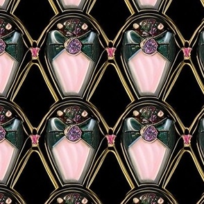 Pink and Green Enameled Gold Shields on Black