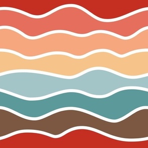 Modern Minimalist Hand-Drawn Waves // Wavy Lines // Marigold Yellow, Dark Peach, Dark Coral/Salmon,  Red, Sky Blue, Brown, White