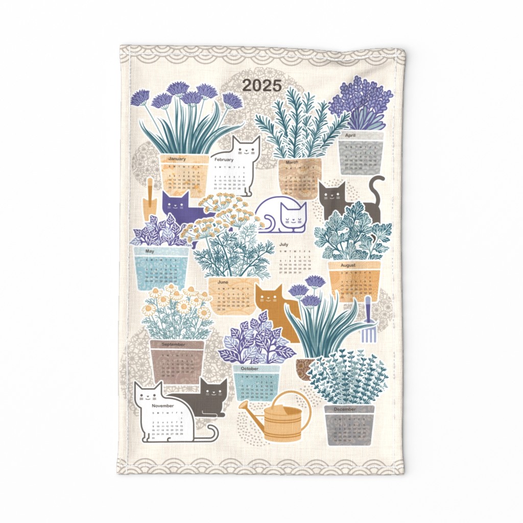 Cat Calendar 2025 Cats and Herbs Tea Towel Spoonflower