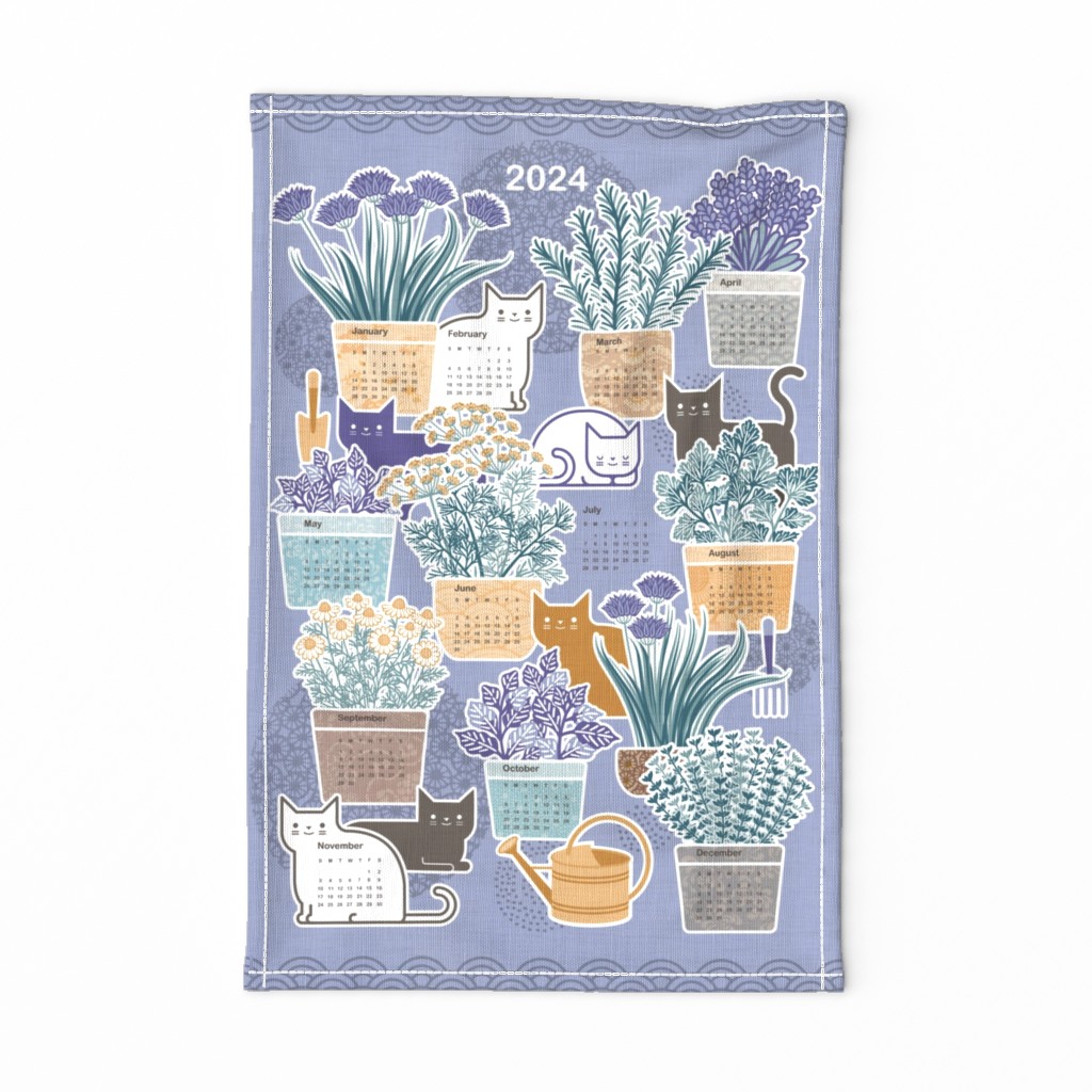 Cat Calendar 2024- Cats and Herbs- Lavender- Purple- Violet- Lilac- Periwinkle- Herbal Indoor Garden- House Plants Wall Hanging