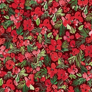 Watercolor red flowers on red holiday design large scale
