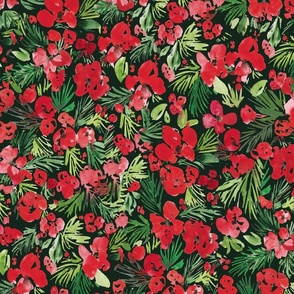 Watercolor red flowers on green holiday design large scale
