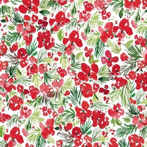 Watercolor red green and white Christmas Flowers