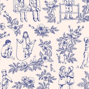 Toile de Jouy. Blue and Pink. Large Scale. 