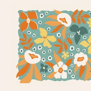 Modern Floral Tea Towel / Wall Hanging  Sage Orange