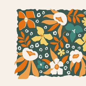Modern Floral Tea Towel / Wall Hanging Dark Green Orange