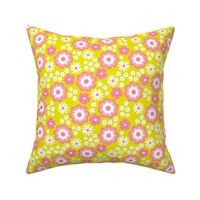 Groovy flower power vintage blossom with daisies gardenia and anemone butter cup lime green pink