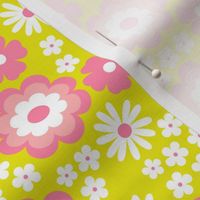 Groovy flower power vintage blossom with daisies gardenia and anemone butter cup lime green pink