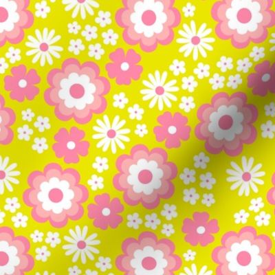 Groovy flower power vintage blossom with daisies gardenia and anemone butter cup lime green pink