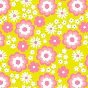 Groovy flower power vintage blossom with daisies gardenia and anemone butter cup lime green pink
