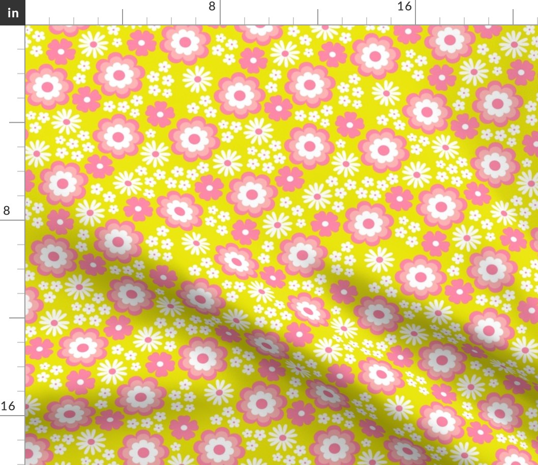 Groovy flower power vintage blossom with daisies gardenia and anemone butter cup lime green pink