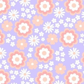 Groovy flower power vintage blossom with daisies gardenia and anemone butter cup lilac purple blush pink