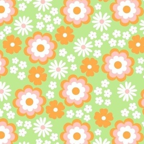 Groovy flower power vintage blossom with daisies gardenia and anemone butter cup orange green lime