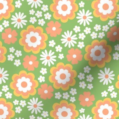 Groovy flower power vintage blossom with daisies gardenia and anemone butter cup orange green apple