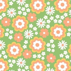 Groovy flower power vintage blossom with daisies gardenia and anemone butter cup orange green apple