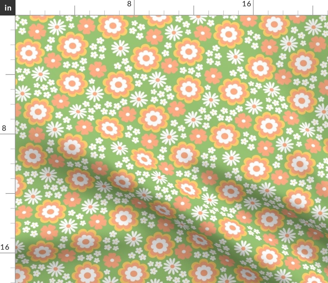 Groovy flower power vintage blossom with daisies gardenia and anemone butter cup orange green apple