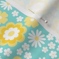 Groovy flower power vintage blossom with daisies gardenia and anemone butter cup pink yellow aqua blue