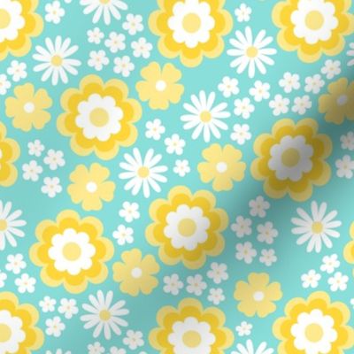 Groovy flower power vintage blossom with daisies gardenia and anemone butter cup pink yellow aqua blue