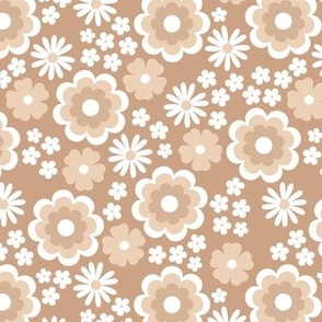 Groovy flower power vintage blossom with daisies gardenia and anemone butter cup tan beige sand