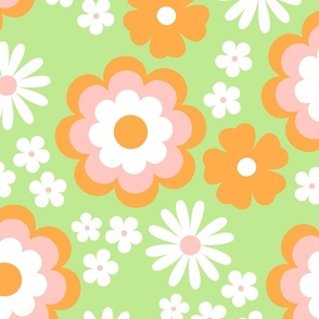 Groovy flower power vintage blossom with daisies gardenia and anemone butter cup orange green lime jumbo size WALLPAPER