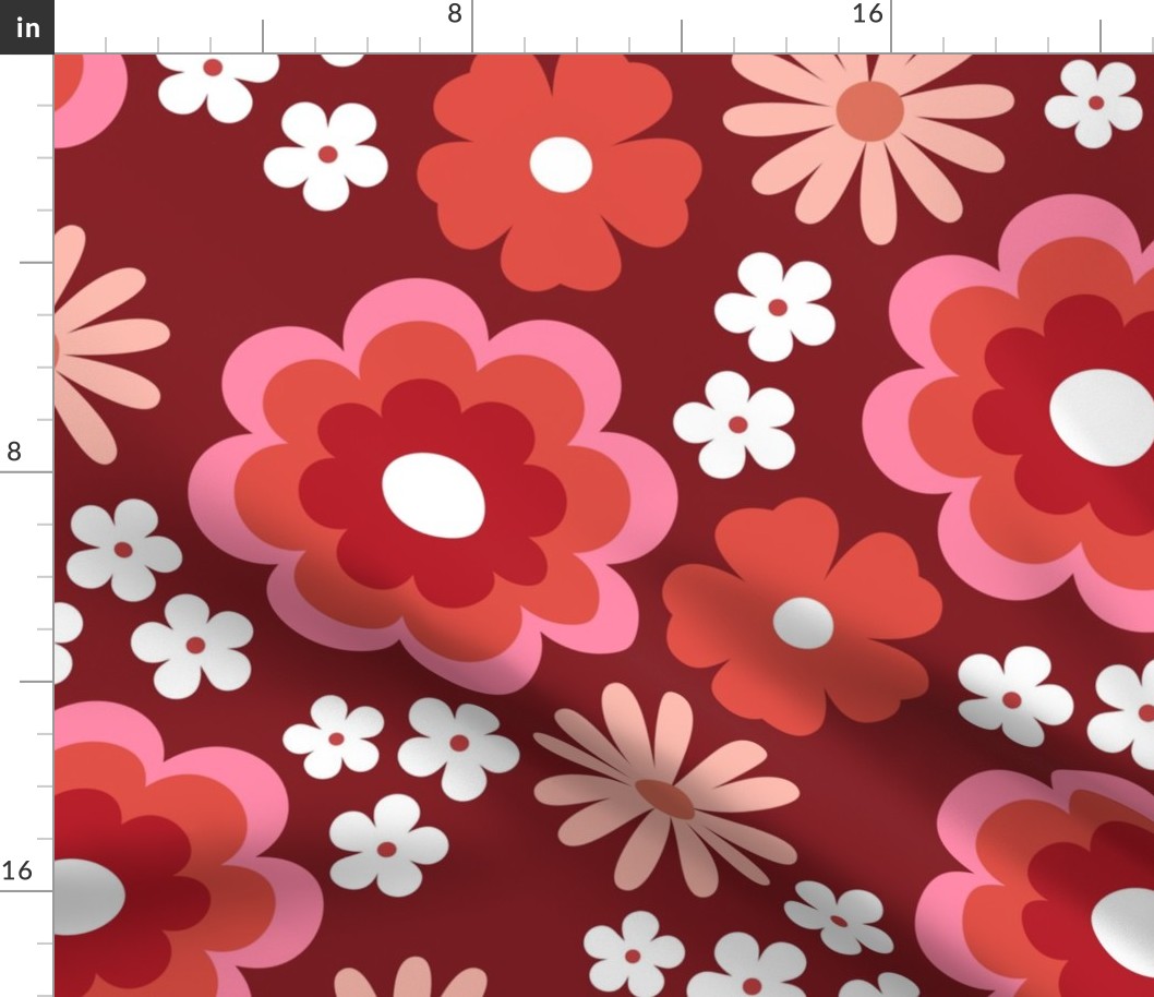 Groovy flower power vintage blossom with daisies gardenia and anemone butter cup pink blush peach red burgundy girls palette for valentine jumbo size WALLPAPER