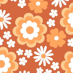 Groovy flower power vintage blossom with daisies gardenia and anemone butter cup orange on rust