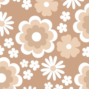 Groovy flower power vintage blossom with daisies gardenia and anemone butter cup tan beige sand jumbo large size WALLPAPER
