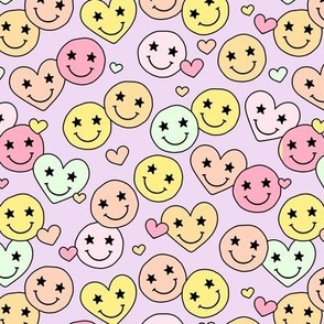 Retro groovy smiley hearts - valentine love and stars retro nineties design pastel yellow mint pink orange on lilac