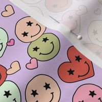 Retro groovy smiley hearts - valentine love and stars retro nineties design seasonal green red pink on lilac christmas palette