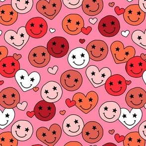 Retro groovy smiley hearts - valentine love and stars retro nineties design red blush orange on pink