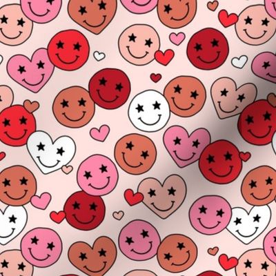 Retro groovy smiley hearts - valentine love and stars retro nineties design pink blush red on sandy