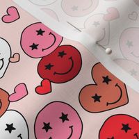 Retro groovy smiley hearts - valentine love and stars retro nineties design pink blush red on sandy