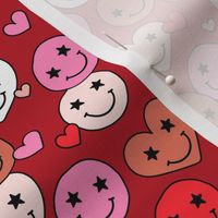 Retro groovy smiley hearts - valentine love and stars retro nineties design pink burnt orange blush red on burgundy