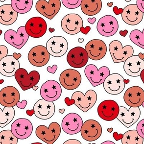 Retro groovy smiley hearts - valentine love and stars retro nineties design red pink blush on white girls palette