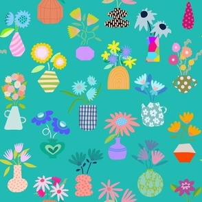 Flowers in a vase pattern on teal