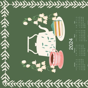 2024 Tea Towel Calendar  Boho Teapot and Cake Green