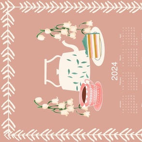 2024 Tea Towel Calendar  Boho Teapot and Cake Pink