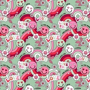 Groovy retro valentine smileys - I love you to the moon and back smiley flower power daisies and rainbows vintage seventies red pink mint green palette SMALL