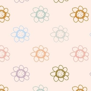 Colourful hand drawn blue, green, tan, pink, purple flowers on neutral background 