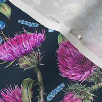 Watercolor Thistle and Birds on Black