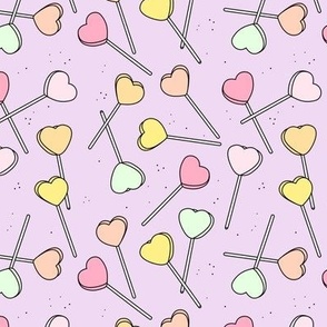 Groovy retro valentine lollipop candy - heart shaped lollipops vintage style pastel pink yellow mint green on lilac 