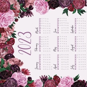 2023 Blooming Calendar // Victorian Romantic // Normal Scale // Roses Ranunculas Peony // Watercolor Flowers // Greenery // Rococo Vibe // Rose Flowers // Puce Background