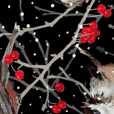 Horizontal | Winter Chickadees | Black Red Gray