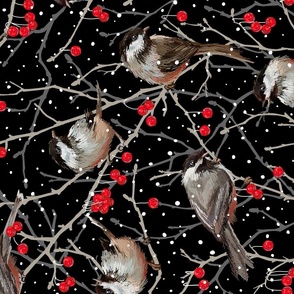 Horizontal | Winter Chickadees | Black Red Gray