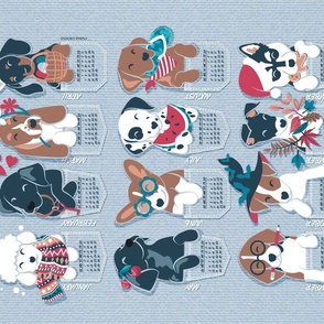 Pure love pockets 2024 calendar TEA TOWEL or WALL HANGING // pastel blue background Terrier Labrador Retriever Basset Hound Dachshund Welsh Corgi Dalmatian Beagle Jack Russel Italian Greyhound and Husky dog puppies in pockets