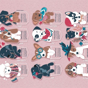 Pure love pockets 2024 calendar TEA TOWEL or WALL HANGING // blush pink background Terrier Labrador Retriever Basset Hound Dachshund Welsh Corgi Dalmatian Beagle Jack Russel Italian Greyhound and Husky dog puppies in pockets